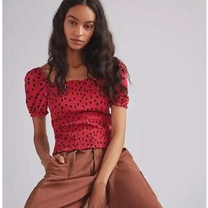 Dolan Square Neck Top Sz XL Red Polka Dot Smocked Puff Sleeve Retro Rockabilly